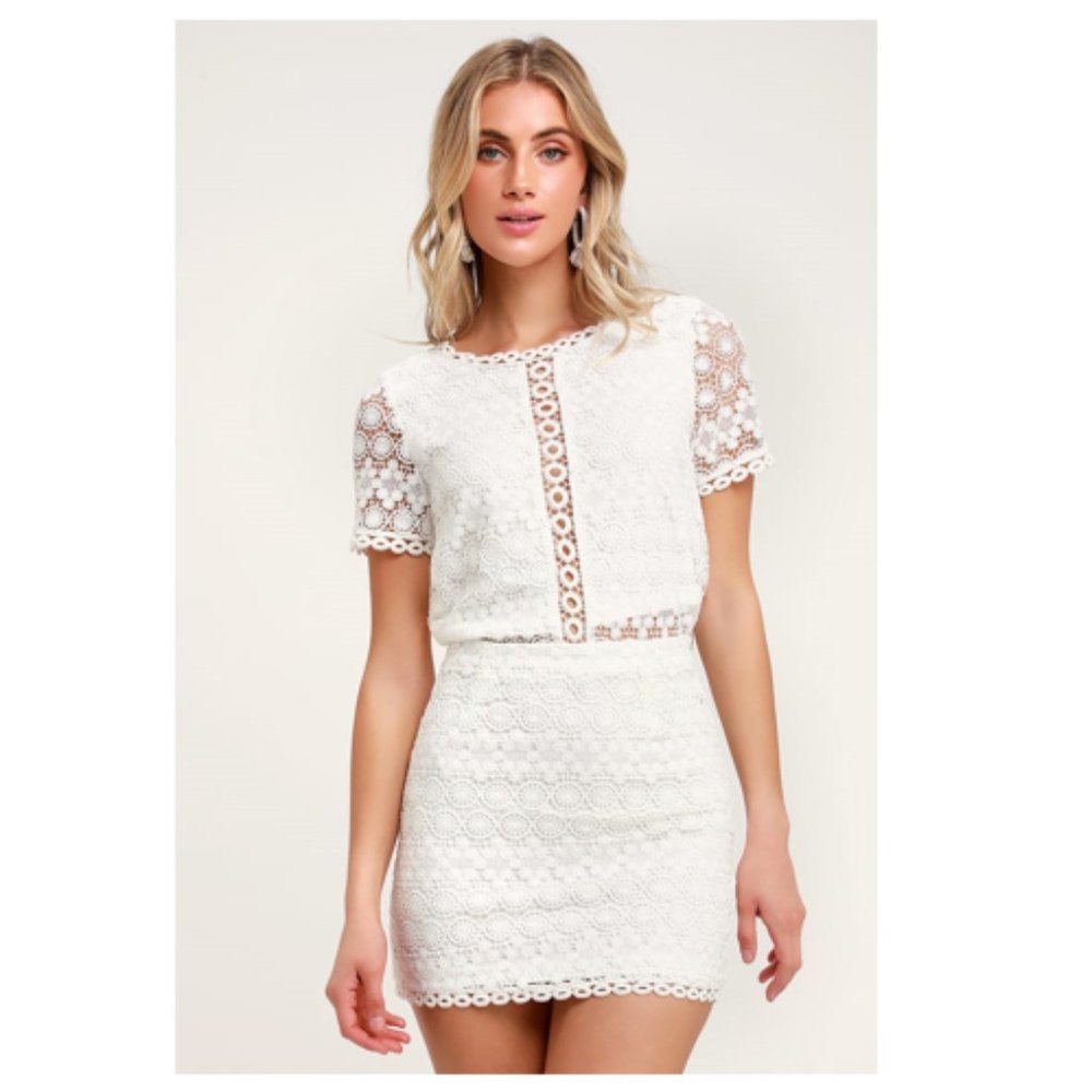 NWT Lulu's 2 Piece Set Lace Skirt Dress Bridal Bachelorette Wedding White L